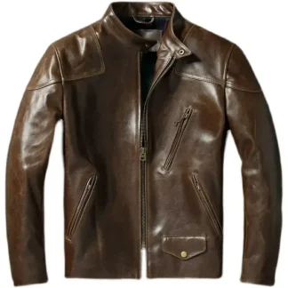 Men’s Oil-Waxed Cowhide Leather Jacket – RL Style Top-Layer Genuine Leather Biker Coat with Stand Collar, Brown Motorcycle Outerwear for Spring & Autumn