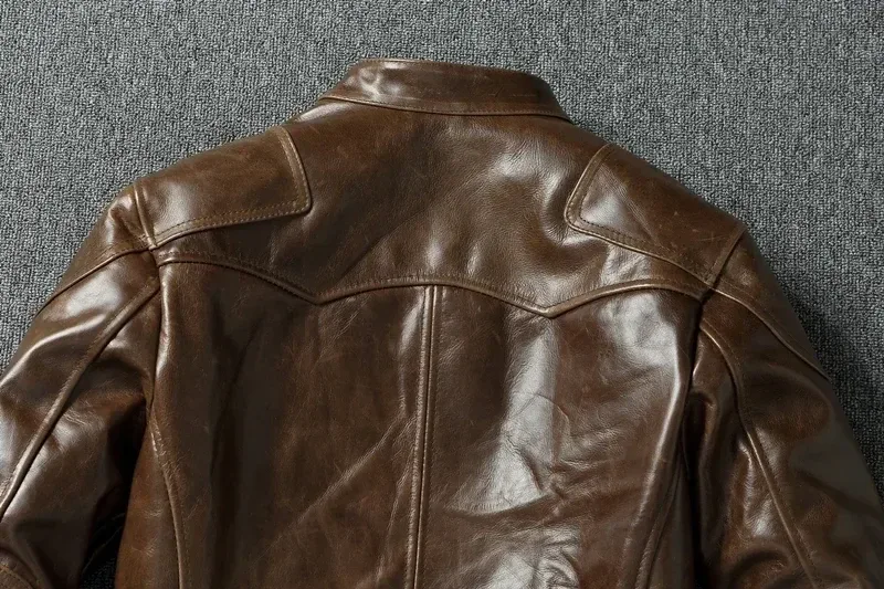 Men’s Oil-Waxed Cowhide Leather Jacket – RL Style Top-Layer Genuine Leather Biker Coat with Stand Collar, Brown Motorcycle Outerwear for Spring & Autumn - Image 5