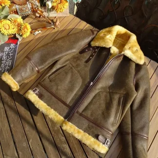 Men’s Winter Genuine Sheepskin Shearling Jacket – Real Lambskin Leather with Wool Liner, Vintage Motorcyclist Style
