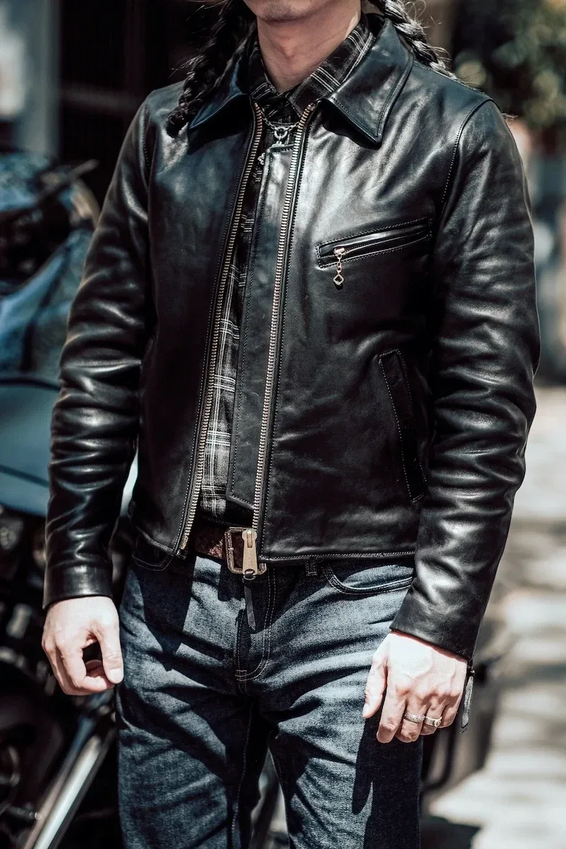 Men’s Slim Oil-Tanned Horsehide Leather Jacket – 1930s Vintage Rider Style, Genuine Cowhide Coat