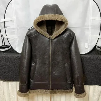 Real Wool Sheepskin Shearing Motor Coat for Man Genuine Leather Lamb Skin Jacket for Male Hood Brown Plus Size XXXXXXXL 6XL 7XL