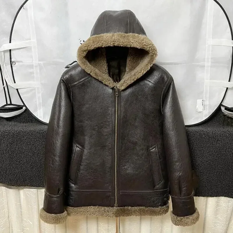 Real Wool Sheepskin Shearing Motor Coat for Man Genuine Leather Lamb Skin Jacket for Male Hood Brown Plus Size XXXXXXXL 6XL 7XL