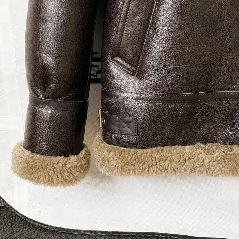 Real Wool Sheepskin Shearing Motor Coat for Man Genuine Leather Lamb Skin Jacket for Male Hood Brown Plus Size XXXXXXXL 6XL 7XL - Image 5
