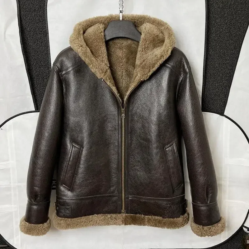 Real Wool Sheepskin Shearing Motor Coat for Man Genuine Leather Lamb Skin Jacket for Male Hood Brown Plus Size XXXXXXXL 6XL 7XL - Image 6