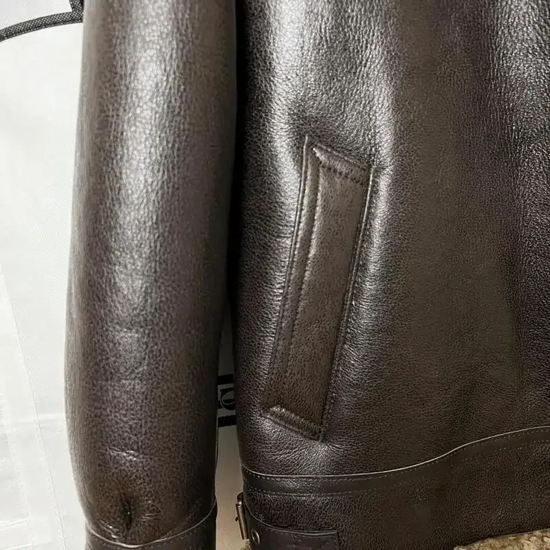 Real Wool Sheepskin Shearing Motor Coat for Man Genuine Leather Lamb Skin Jacket for Male Hood Brown Plus Size XXXXXXXL 6XL 7XL - Image 4