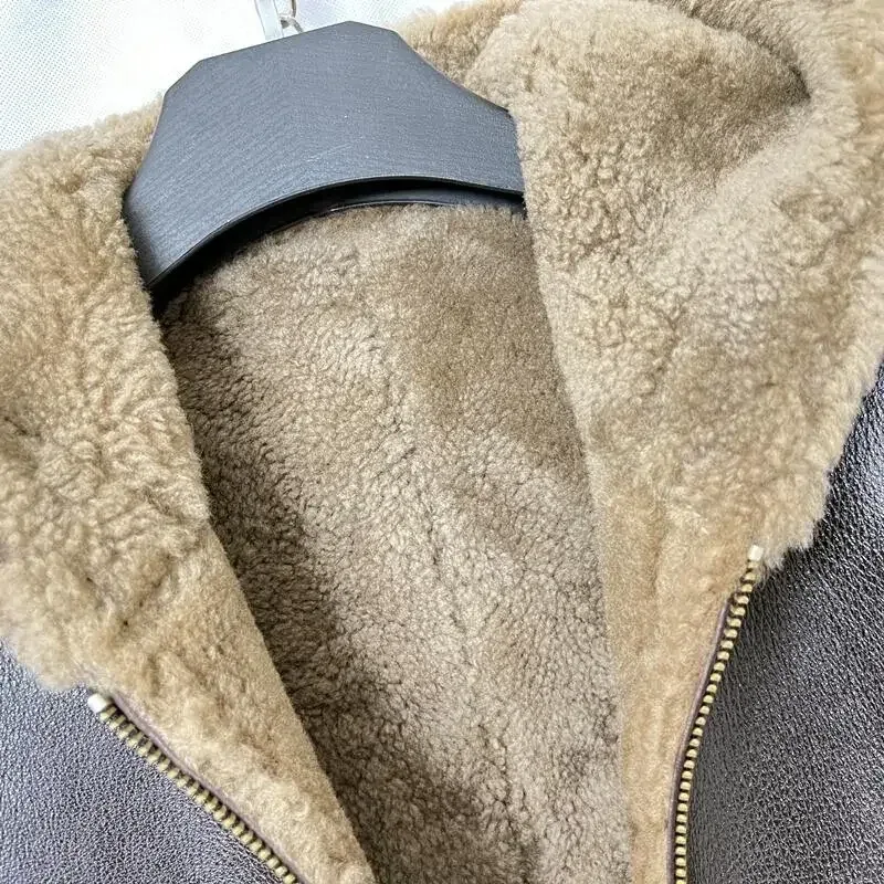 Real Wool Sheepskin Shearing Motor Coat for Man Genuine Leather Lamb Skin Jacket for Male Hood Brown Plus Size XXXXXXXL 6XL 7XL - Image 3