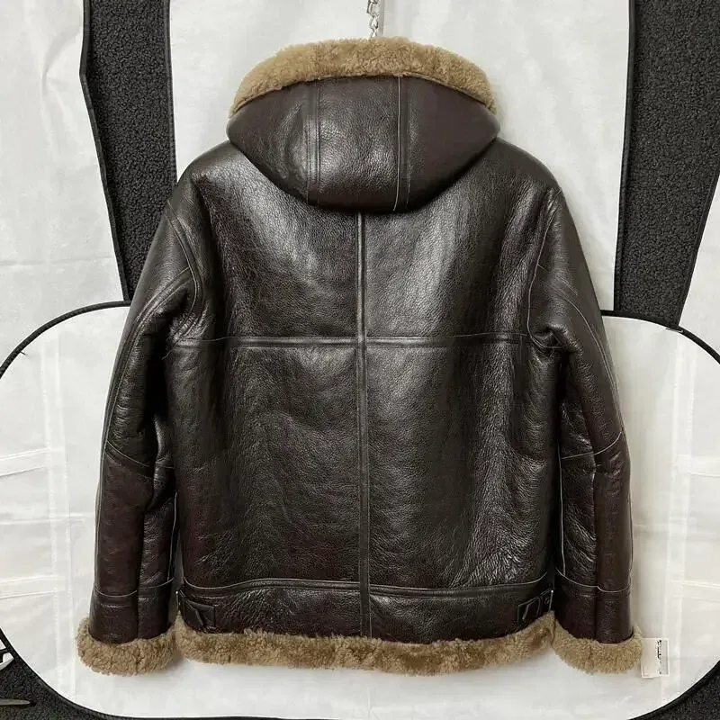 Real Wool Sheepskin Shearing Motor Coat for Man Genuine Leather Lamb Skin Jacket for Male Hood Brown Plus Size XXXXXXXL 6XL 7XL - Image 2