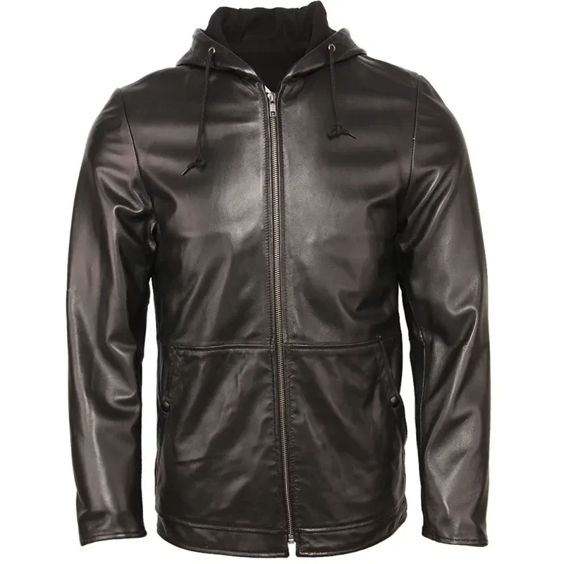 Men’s 100% Genuine Sheepskin Hooded Leather Jacket – Soft Lightweight Natural Lambskin Coat for Spring & Autumn Casual Wear - Image 2