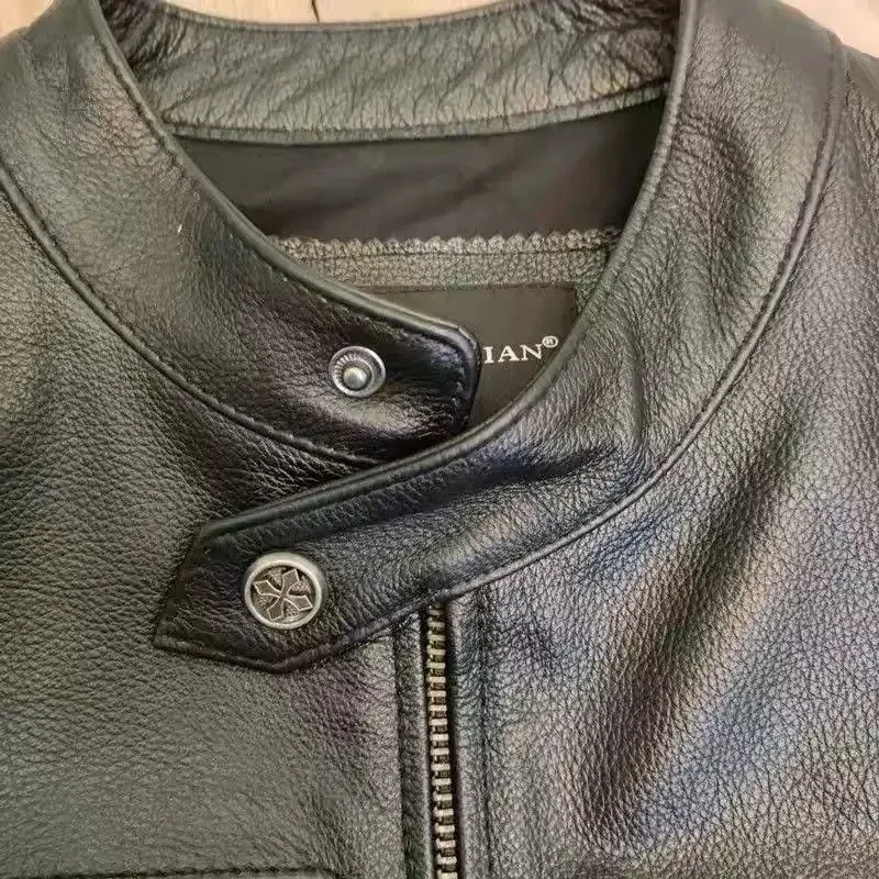 Men’s Oversized Genuine Leather Motorcycle Jacket – Real Leather Biker Coat, Short Bomber Style for Big Sizes - Image 4