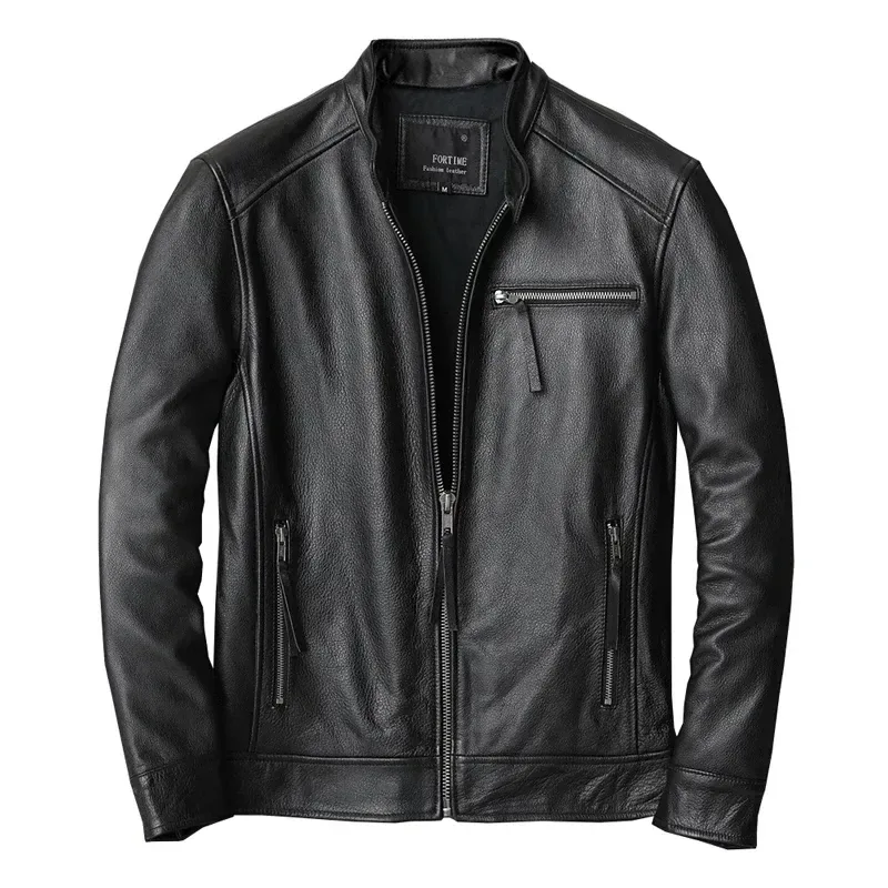 Men’s Slim Fit Genuine Cowhide Leather Motorcycle Jacket – Natural Real Leather Biker Coat for Spring & Autumn - Image 5