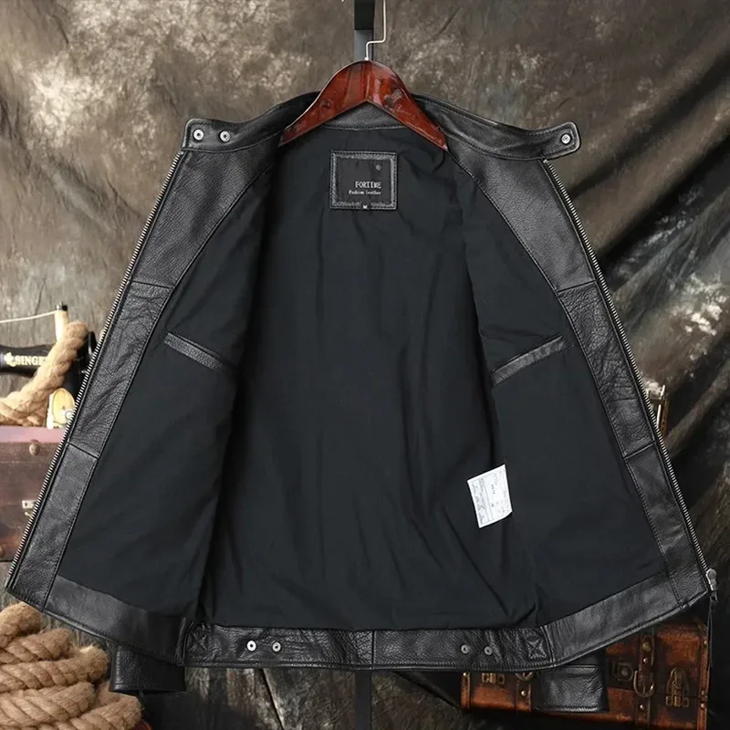 Men’s Slim Fit Genuine Cowhide Leather Motorcycle Jacket – Natural Real Leather Biker Coat for Spring & Autumn - Image 3