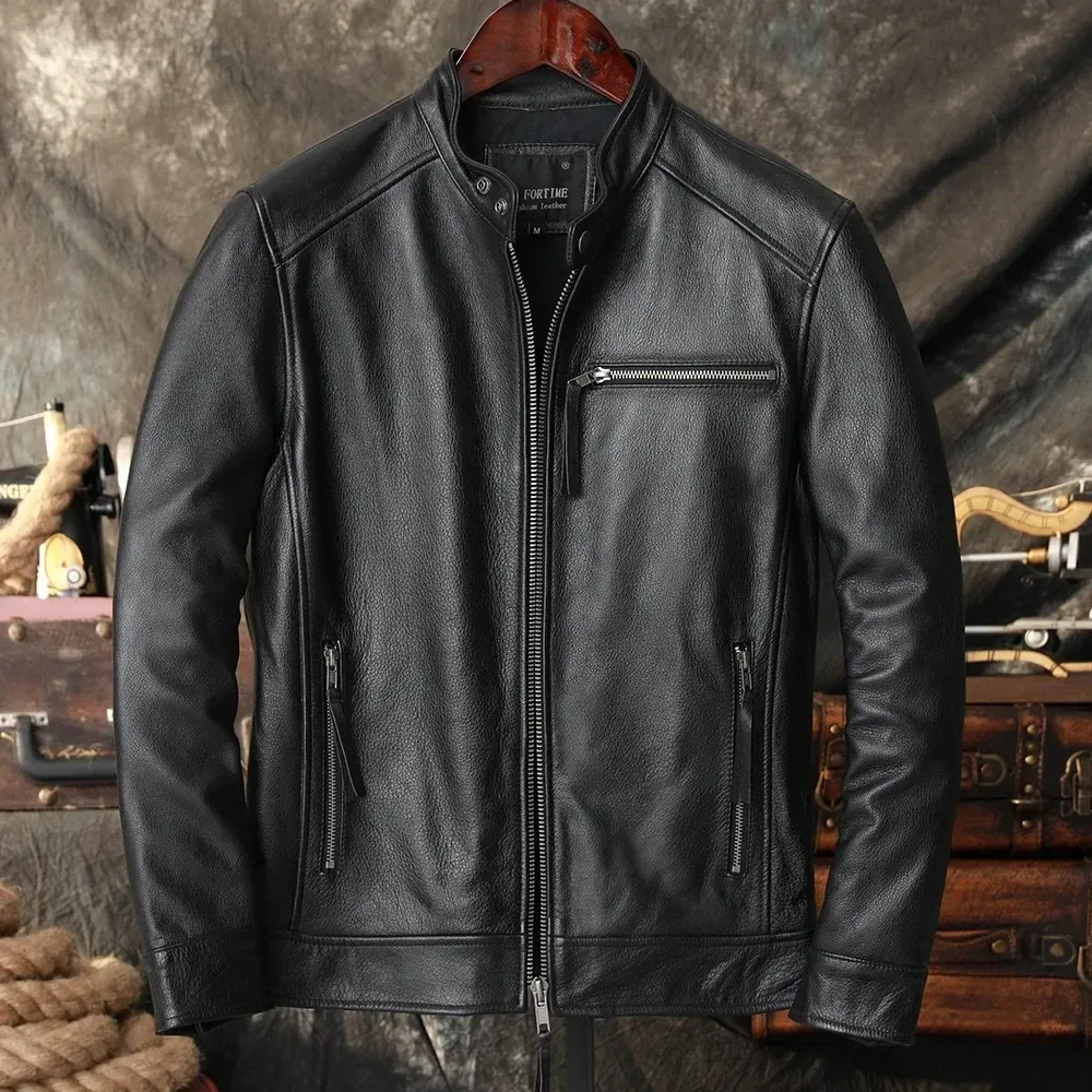 Men’s Slim Fit Genuine Cowhide Leather Motorcycle Jacket – Natural Real Leather Biker Coat for Spring & Autumn - Image 4