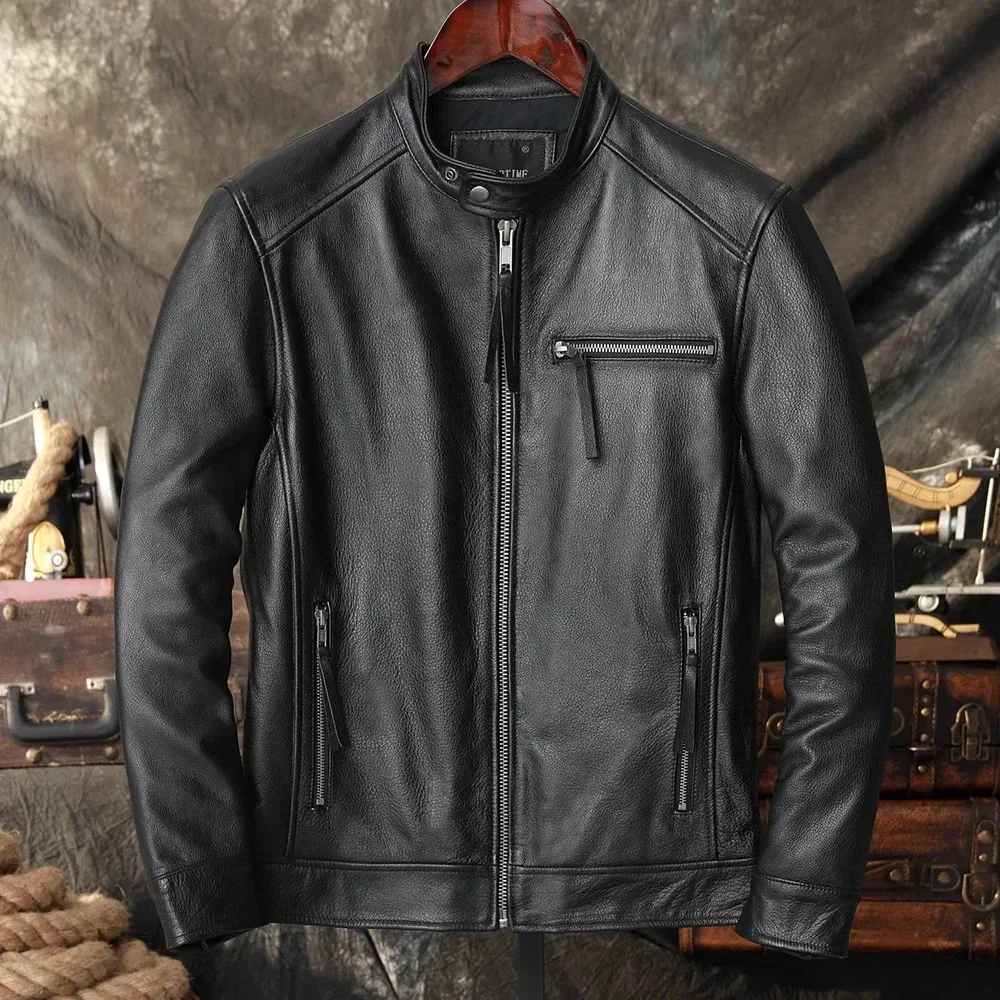 Men’s Slim Fit Genuine Cowhide Leather Motorcycle Jacket – Natural Real Leather Biker Coat for Spring & Autumn