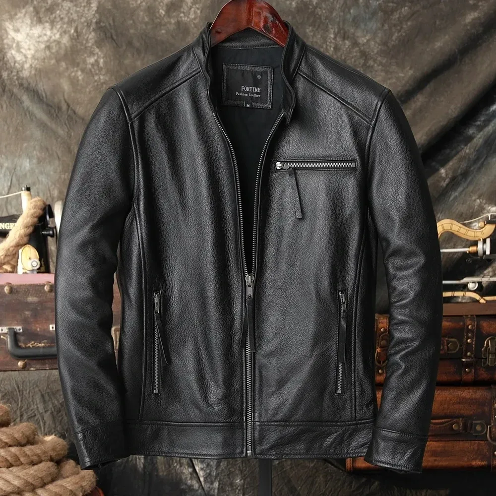 Men’s Slim Fit Genuine Cowhide Leather Motorcycle Jacket – Natural Real Leather Biker Coat for Spring & Autumn - Image 6