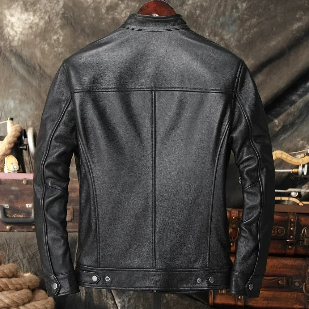 Men’s Slim Fit Genuine Cowhide Leather Motorcycle Jacket – Natural Real Leather Biker Coat for Spring & Autumn - Image 2
