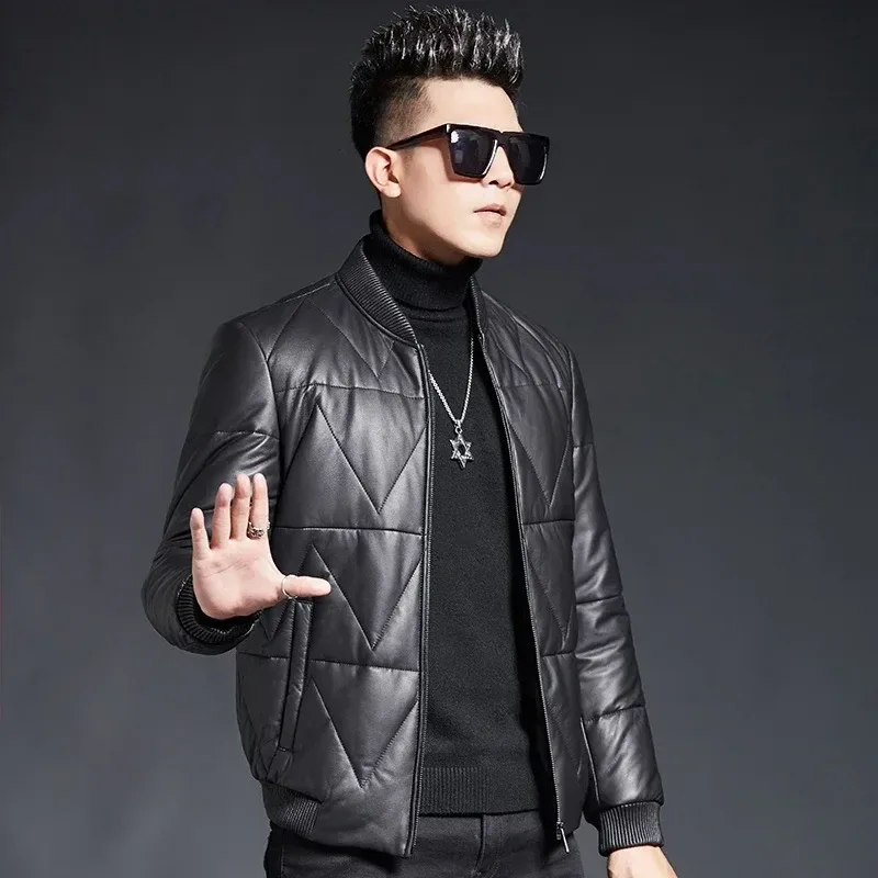 Men’s Genuine Sheepskin Leather Down Jacket – Thick Winter Warm Short Puffer Coat for Men - Image 2