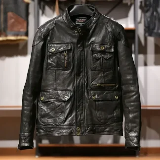 Vintage Korean Men’s Black Slim Sheepskin Leather Coat – Thick Tanned Genuine Leather Hunting Jacket for Winter