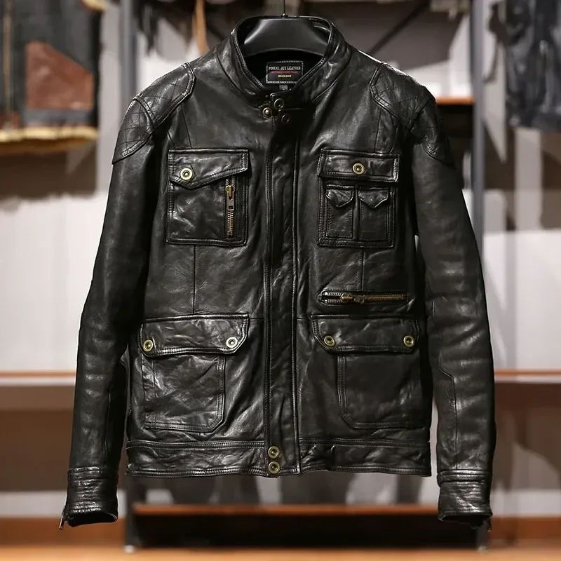 Vintage Korean Men’s Black Slim Sheepskin Leather Coat – Thick Tanned Genuine Leather Hunting Jacket for Winter