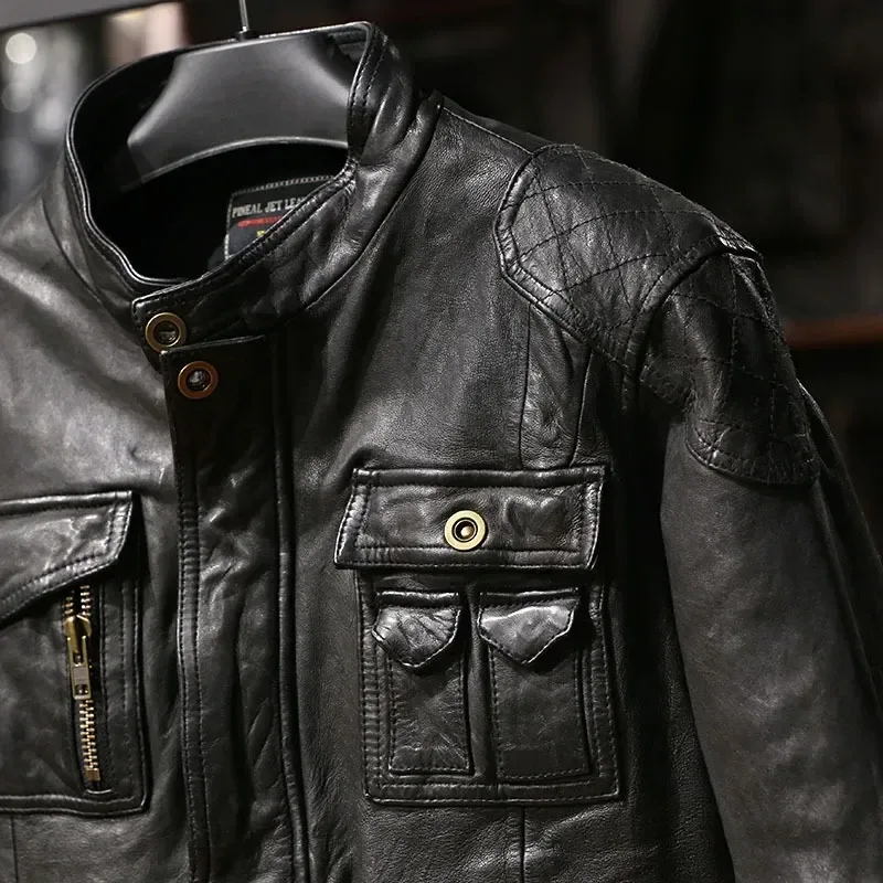 Vintage Korean Men’s Black Slim Sheepskin Leather Coat – Thick Tanned Genuine Leather Hunting Jacket for Winter - Image 4