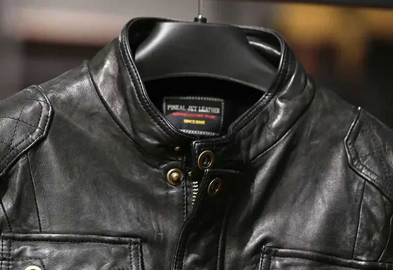 Vintage Korean Men’s Black Slim Sheepskin Leather Coat – Thick Tanned Genuine Leather Hunting Jacket for Winter - Image 5