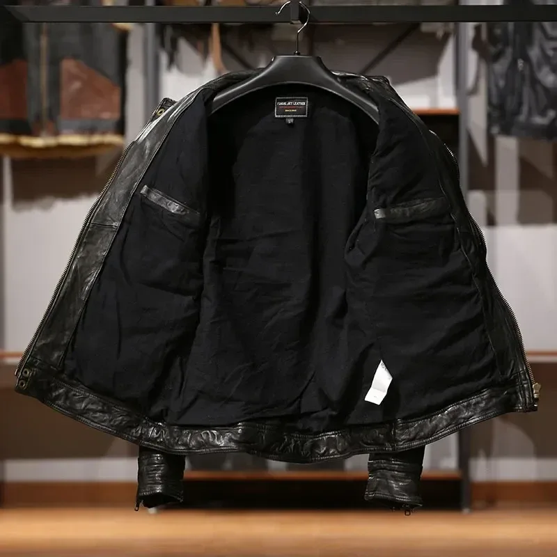 Vintage Korean Men’s Black Slim Sheepskin Leather Coat – Thick Tanned Genuine Leather Hunting Jacket for Winter - Image 2