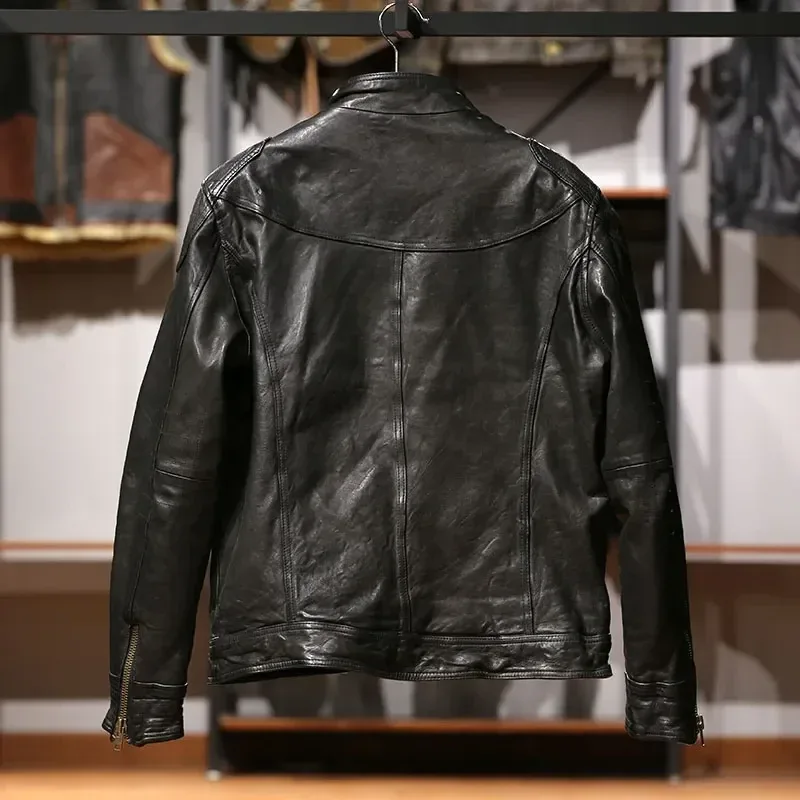 Vintage Korean Men’s Black Slim Sheepskin Leather Coat – Thick Tanned Genuine Leather Hunting Jacket for Winter - Image 3