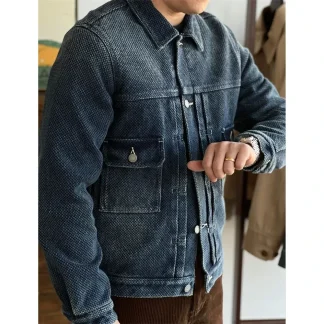 Men’s Natural Indigo Sashiko Denim Jacket – Handcrafted 19oz Japanese Selvage Vintage Washed Denim Coat