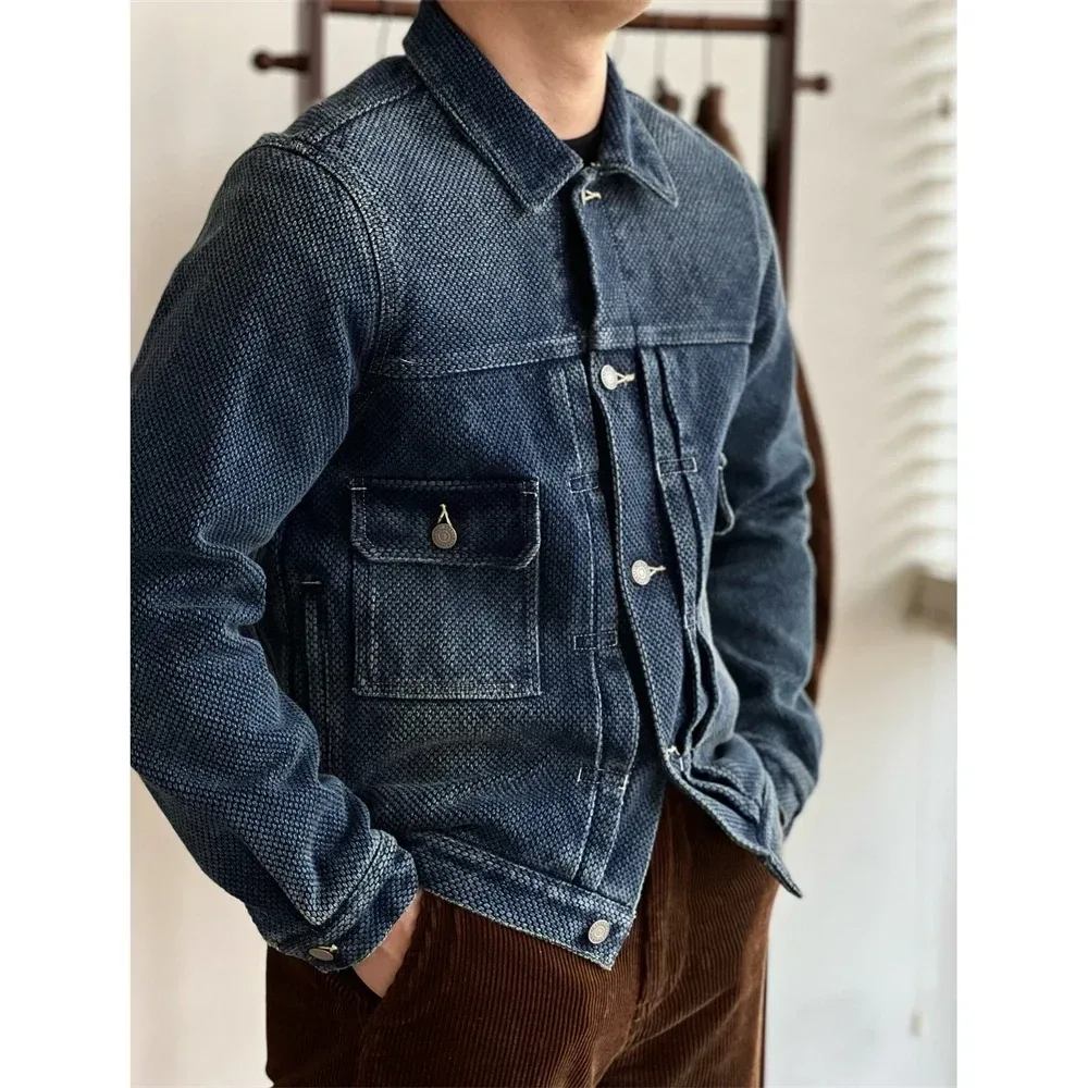 Men’s Natural Indigo Sashiko Denim Jacket – Handcrafted 19oz Japanese Selvage Vintage Washed Denim Coat - Image 2