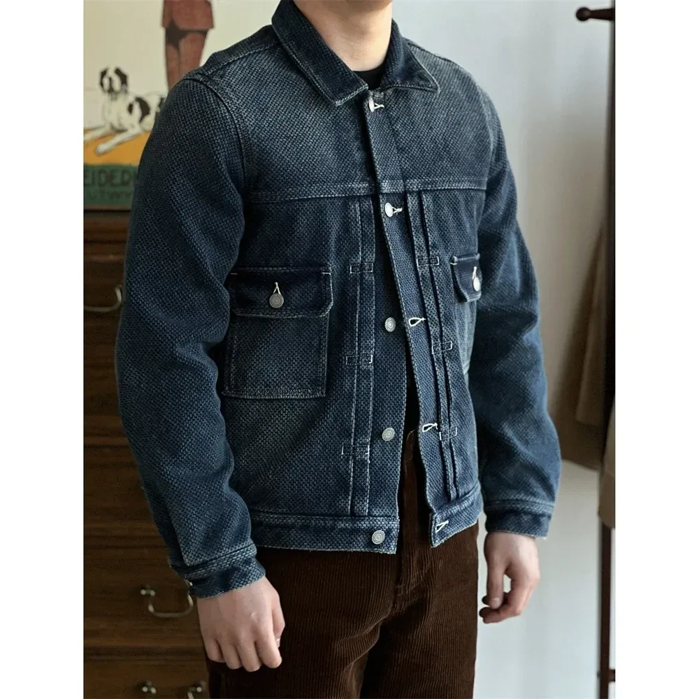 Men’s Natural Indigo Sashiko Denim Jacket – Handcrafted 19oz Japanese Selvage Vintage Washed Denim Coat - Image 3