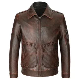 Men’s Genuine Cowhide Leather Flight Jacket – Vintage 100% Real Cow Leather Coat for Autumn & Winter