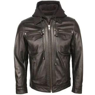 Men’s Quilted Genuine Cowhide Leather Jacket – Removable Hood Warm Winter Coat 100% Real Leather