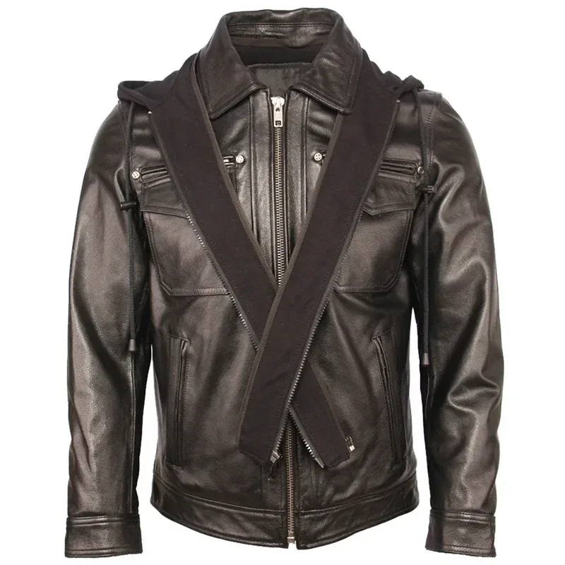 Men’s Quilted Genuine Cowhide Leather Jacket – Removable Hood Warm Winter Coat 100% Real Leather - Image 2