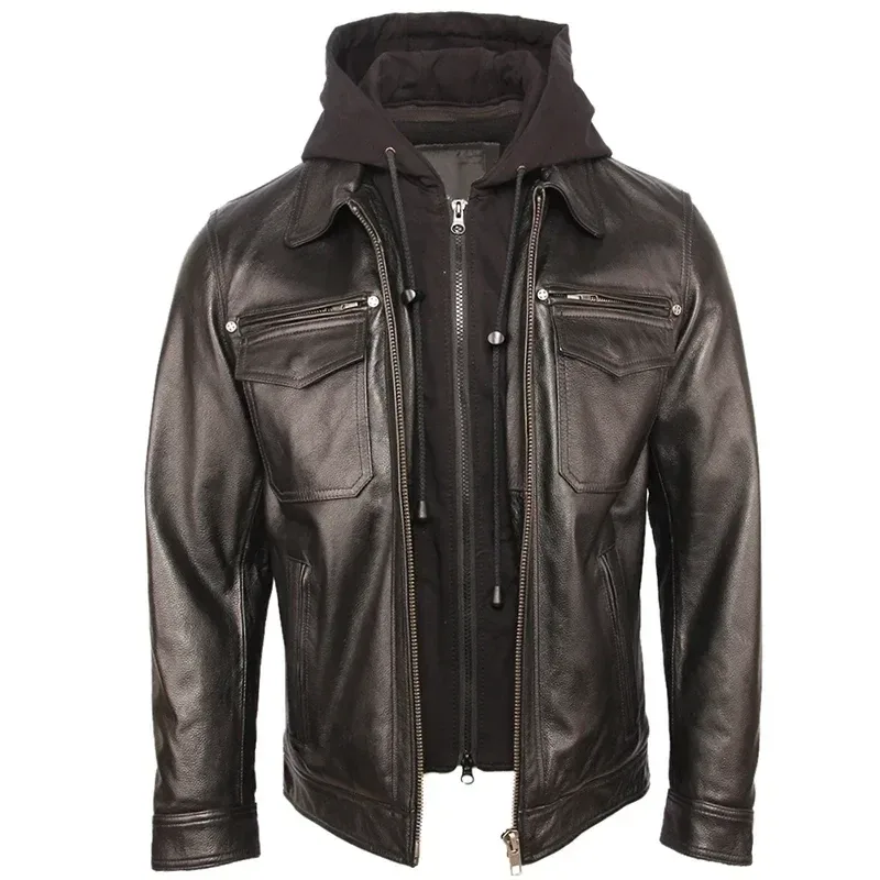 Men’s Quilted Genuine Cowhide Leather Jacket – Removable Hood Warm Winter Coat 100% Real Leather - Image 6
