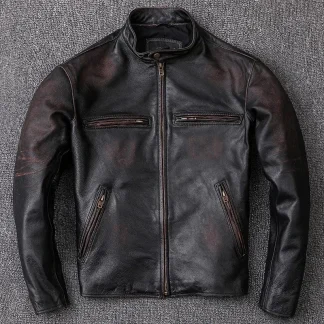 Men’s Vintage Distressed Calfskin Leather Jacket – Washed Stone-Milled 100% Natural Leather Coat in Black