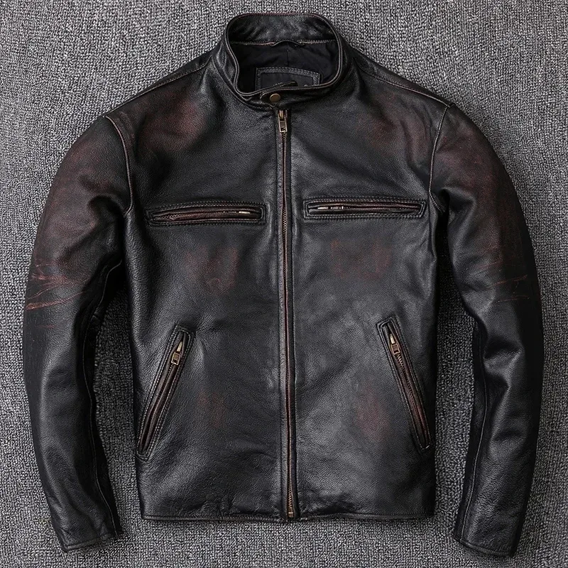 Men’s Vintage Distressed Calfskin Leather Jacket – Washed Stone-Milled 100% Natural Leather Coat in Black