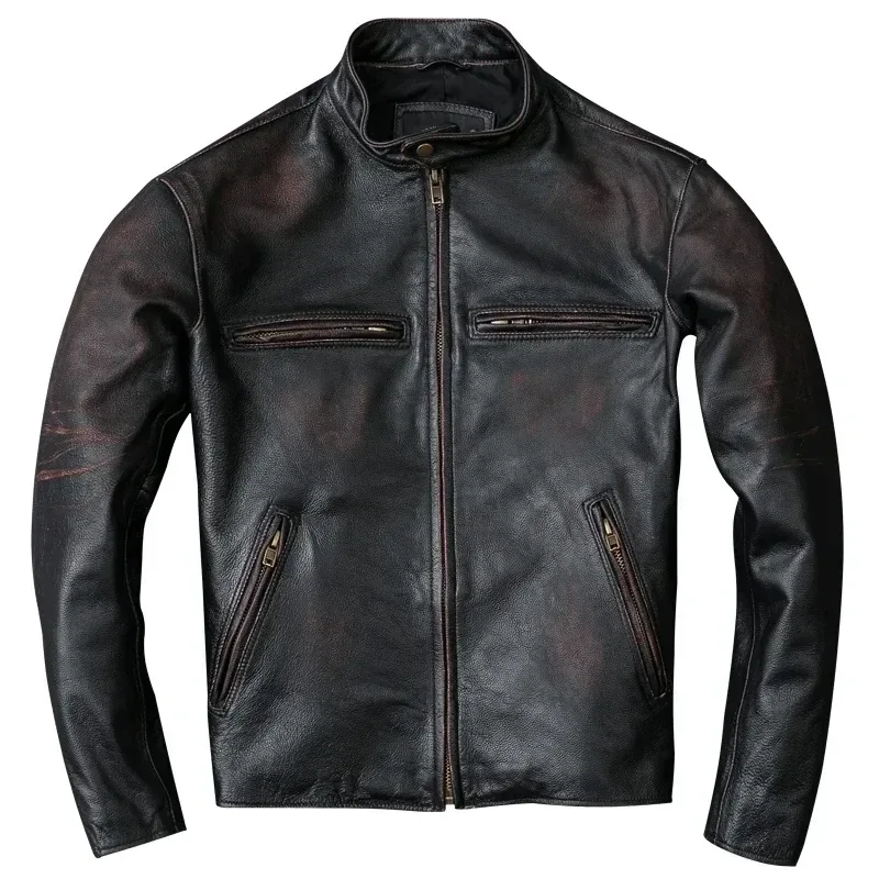 Men’s Vintage Distressed Calfskin Leather Jacket – Washed Stone-Milled 100% Natural Leather Coat in Black - Image 5
