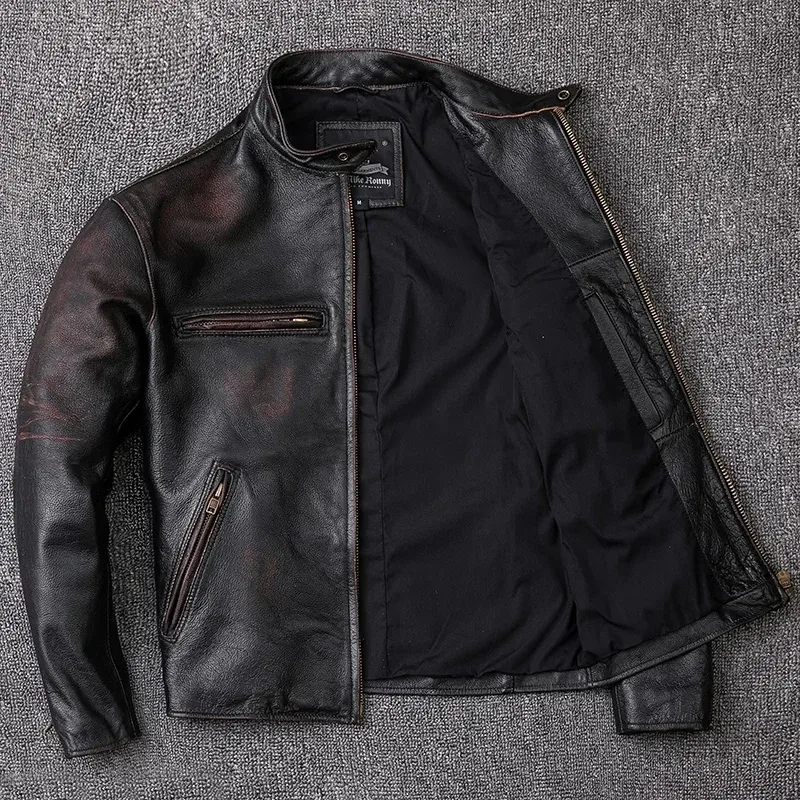 Men’s Vintage Distressed Calfskin Leather Jacket – Washed Stone-Milled 100% Natural Leather Coat in Black - Image 3