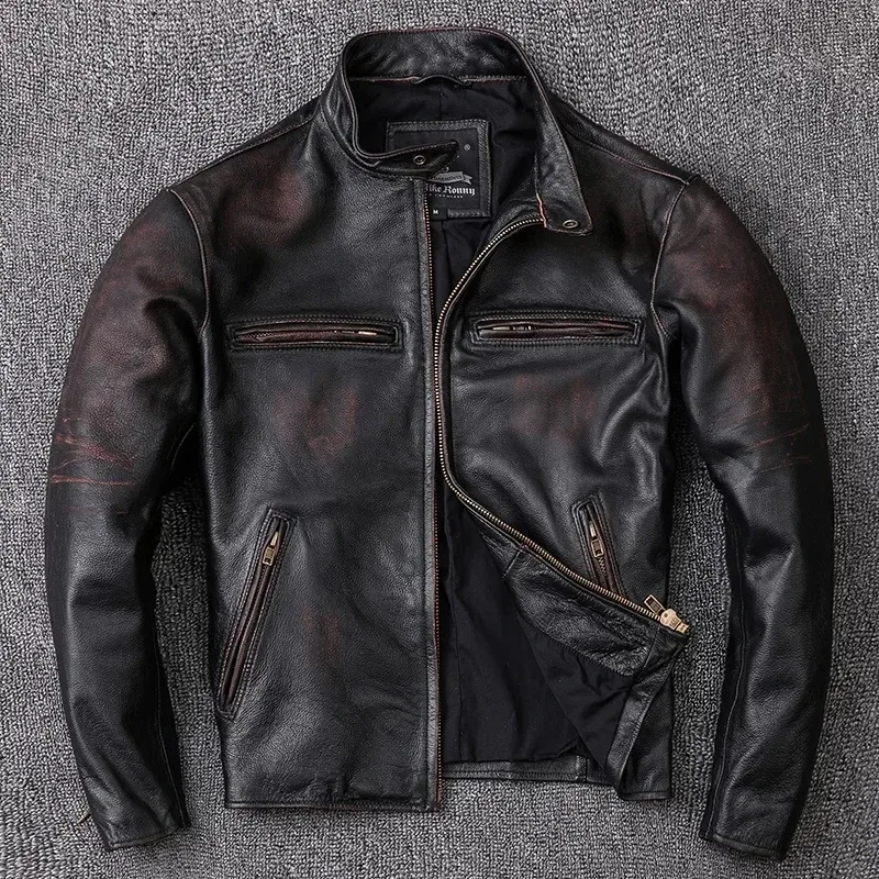 Men’s Vintage Distressed Calfskin Leather Jacket – Washed Stone-Milled 100% Natural Leather Coat in Black - Image 2