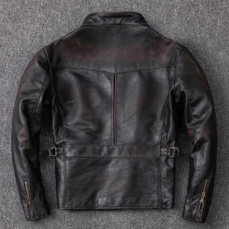Men’s Vintage Distressed Calfskin Leather Jacket – Washed Stone-Milled 100% Natural Leather Coat in Black - Image 4