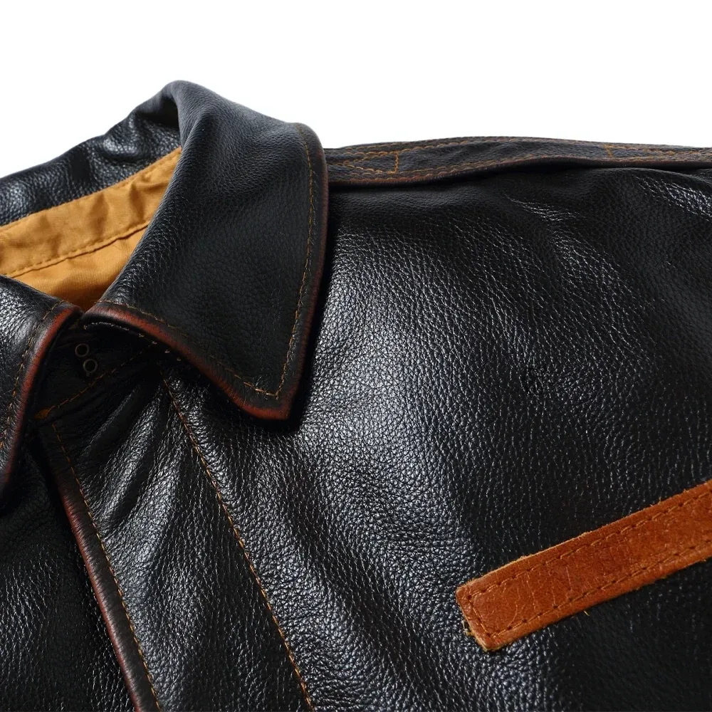 Men’s Classic Black Genuine Cowhide Leather Baseball Jacket – Top Layer Natural Cowhide Winter Coat - Image 5