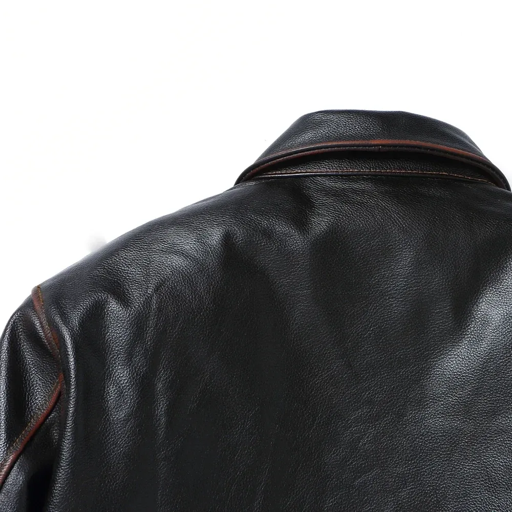 Men’s Classic Black Genuine Cowhide Leather Baseball Jacket – Top Layer Natural Cowhide Winter Coat - Image 4