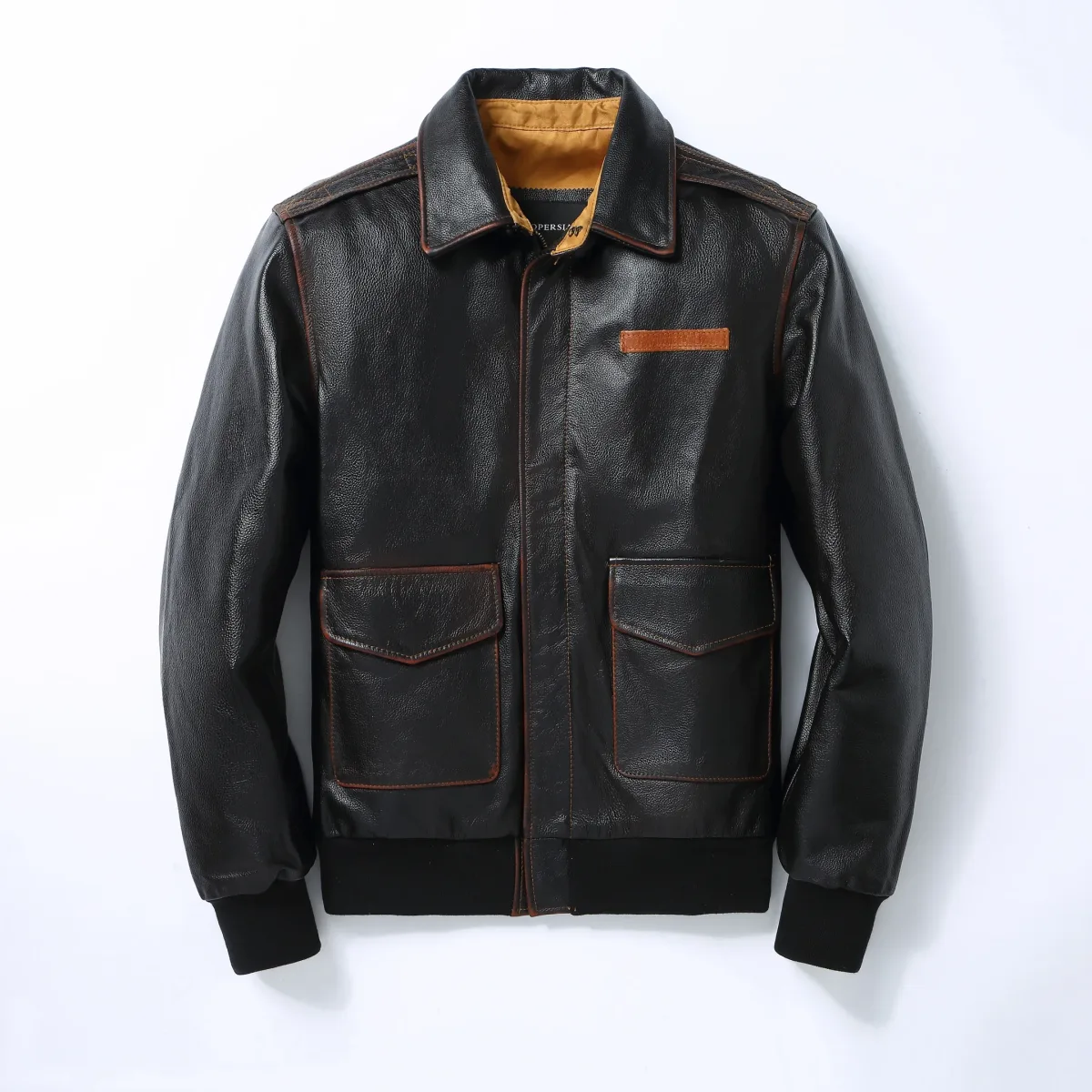 Men’s Classic Black Genuine Cowhide Leather Baseball Jacket – Top Layer Natural Cowhide Winter Coat