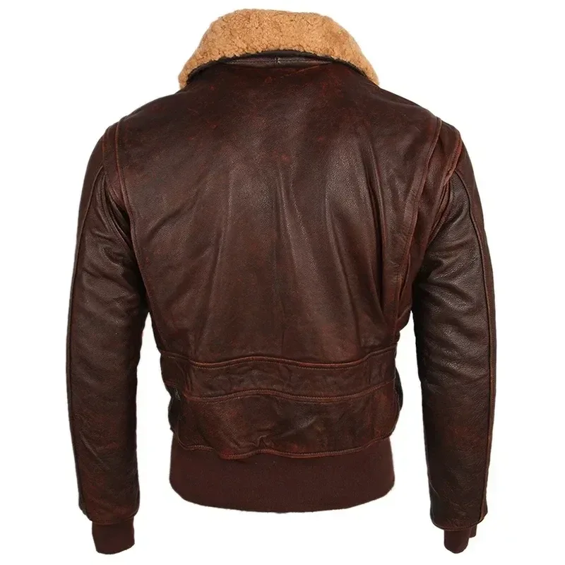 Men’s Vintage Distressed Leather Jacket – Thick 100% Calfskin Winter Coat with Natural Fur Collar, Quilted Warm Design for Classic Style & Comfort - Image 2