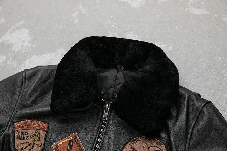 Men’s Genuine Cowhide Leather Bomber Jacket – Detachable Natural Fur Collar Air Force Pilot Flight Coat with Patches, Warm Winter Style - Image 4