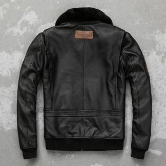 Men’s Genuine Cowhide Leather Bomber Jacket – Detachable Natural Fur Collar Air Force Pilot Flight Coat with Patches, Warm Winter Style