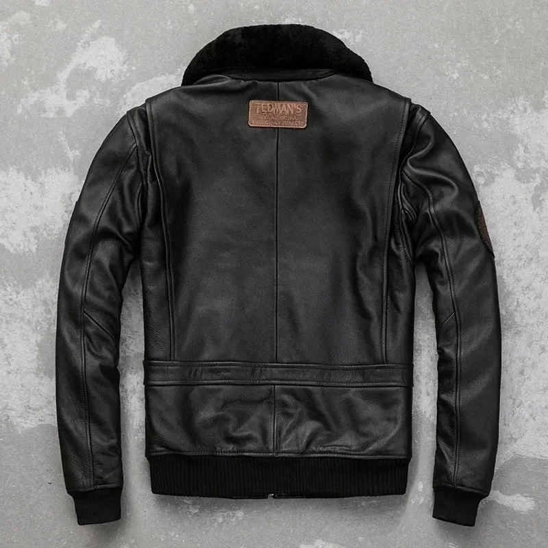 Men’s Genuine Cowhide Leather Bomber Jacket – Detachable Natural Fur Collar Air Force Pilot Flight Coat with Patches, Warm Winter Style