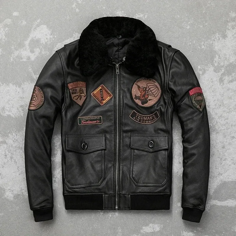 Men’s Genuine Cowhide Leather Bomber Jacket – Detachable Natural Fur Collar Air Force Pilot Flight Coat with Patches, Warm Winter Style - Image 3