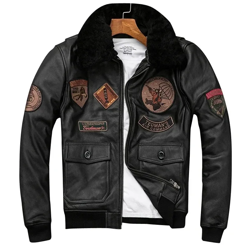Men’s Genuine Cowhide Leather Bomber Jacket – Detachable Natural Fur Collar Air Force Pilot Flight Coat with Patches, Warm Winter Style - Image 5