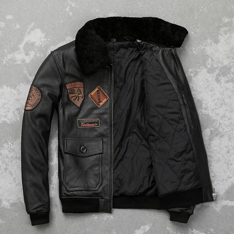 Men’s Genuine Cowhide Leather Bomber Jacket – Detachable Natural Fur Collar Air Force Pilot Flight Coat with Patches, Warm Winter Style - Image 2