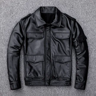 Men’s Genuine Cowhide Leather Jacket – Thick Winter Casual Leather Coat with Multiple Pockets, Premium Quality Warm Outerwear